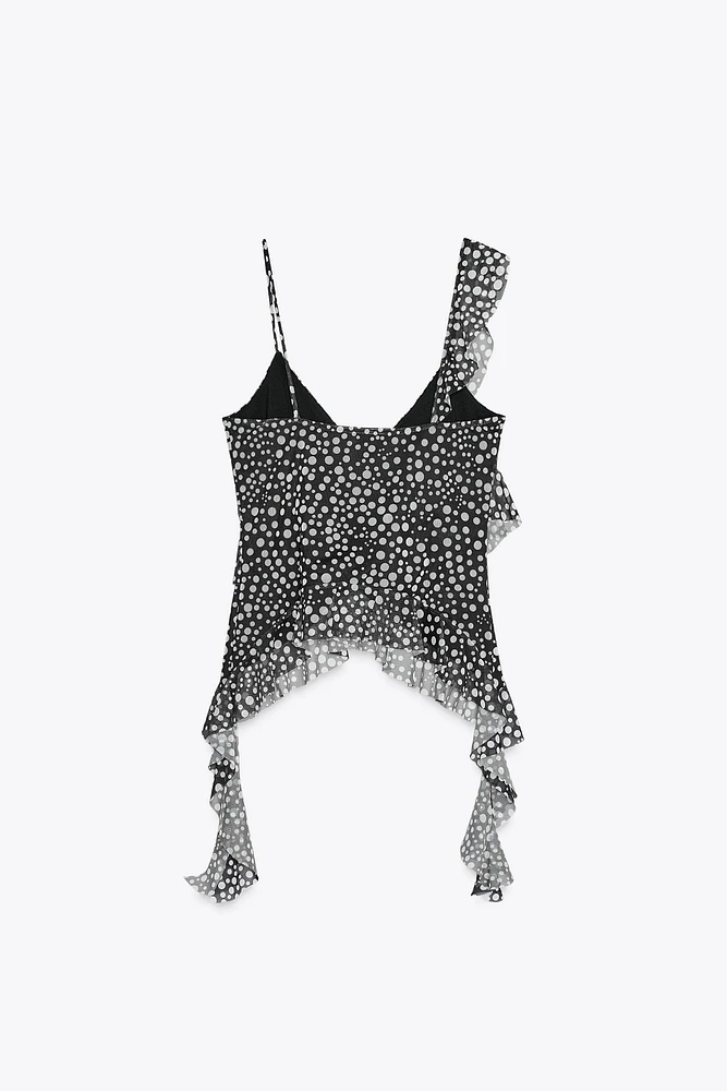 PRINTED TULLE RUFFLE TOP