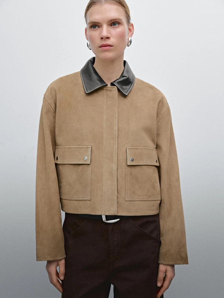 Blouson contrastant cuir et daim