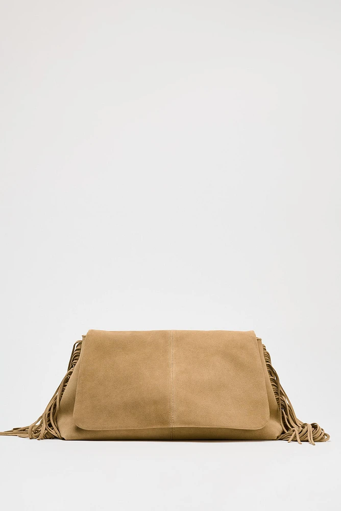 SPLIT LEATHER FRINGED CROSSBODY BAG