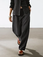 Pantalon barrel fluide lin mélangé