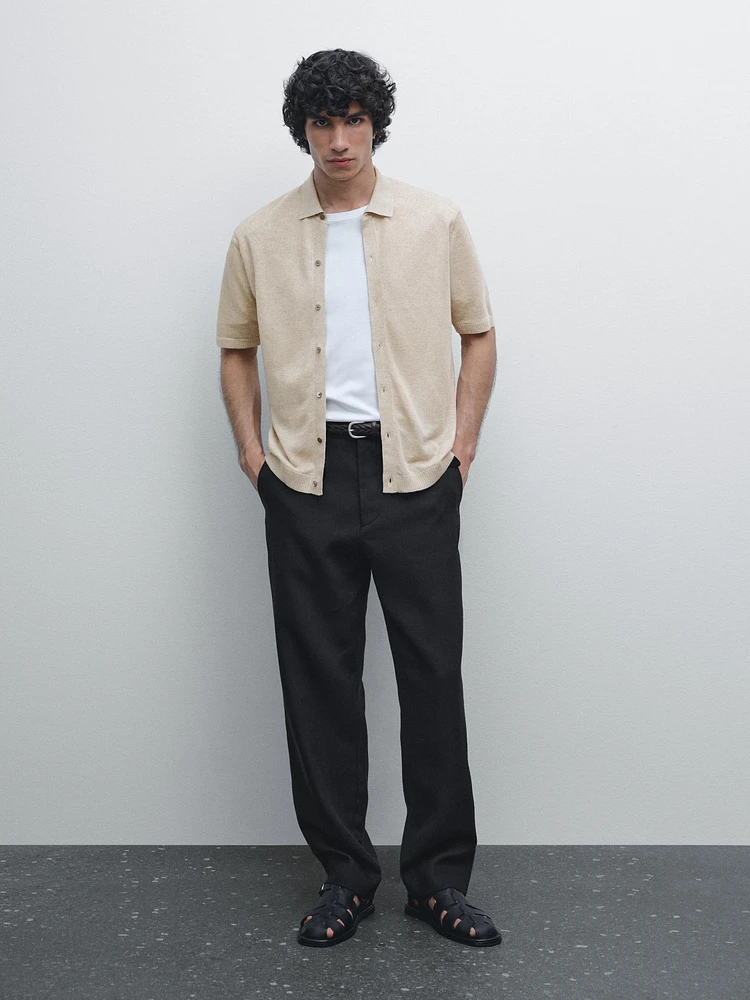 100% linen knit polo collar sweater