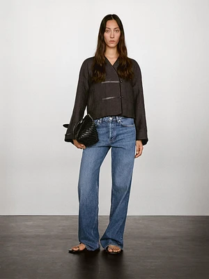 Linen blend jacket with leather fastening detail