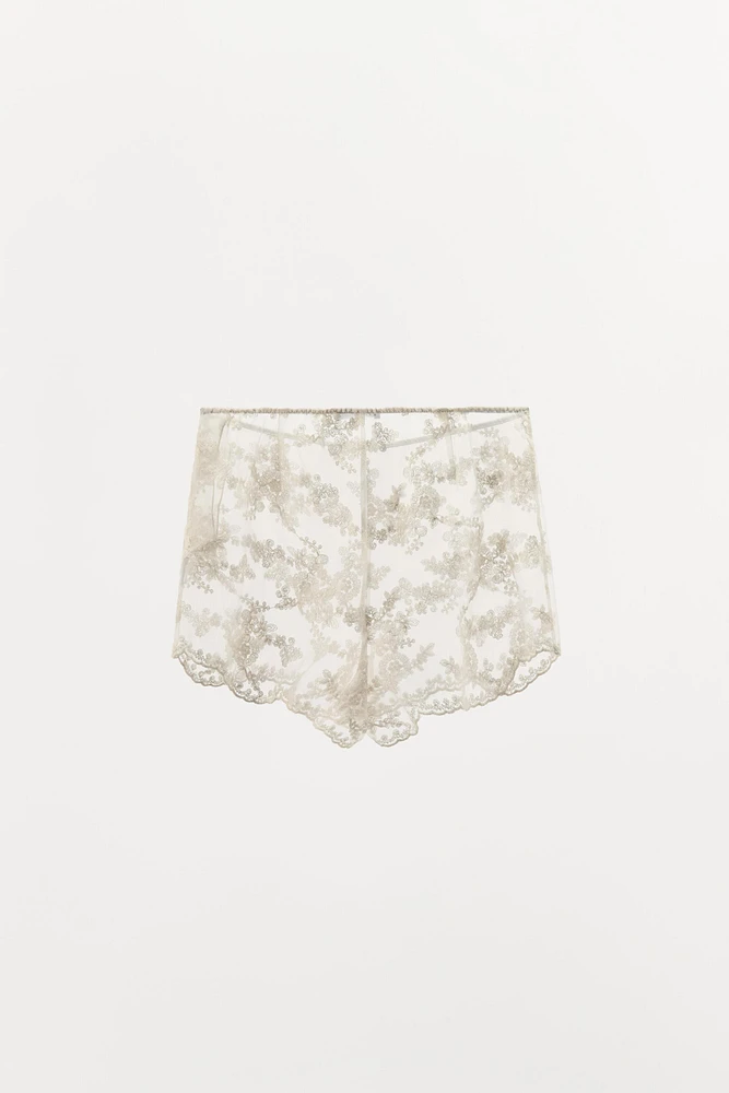 EMBROIDERED ORGANZA SHORTS