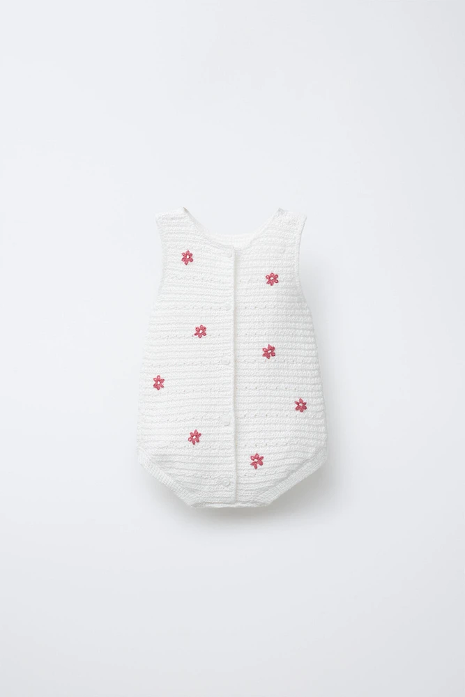 EMBROIDERED FLORAL KNIT ROMPER