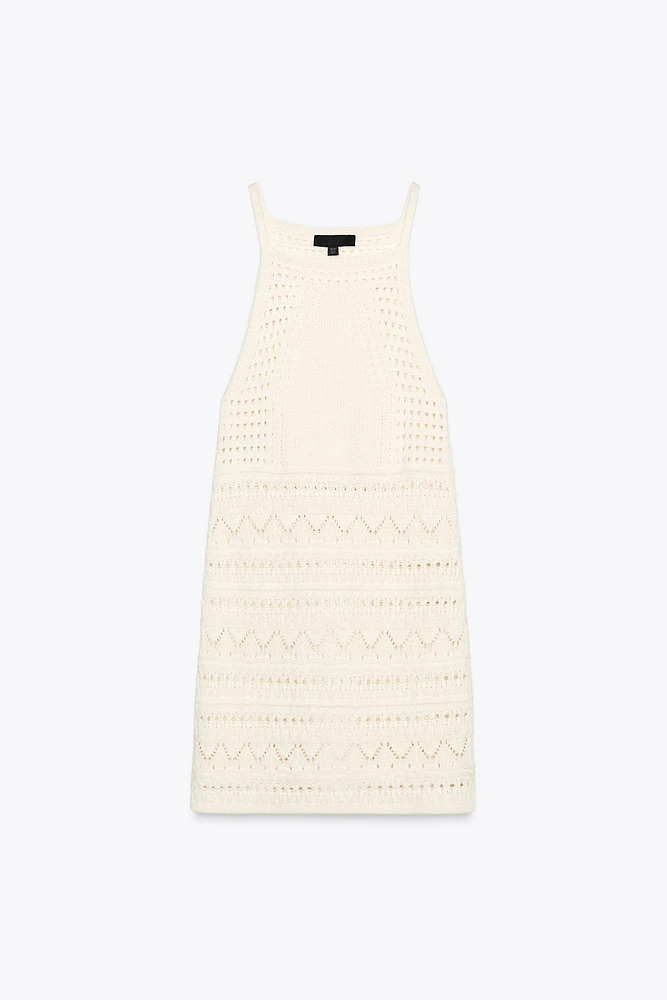 ROBE MINI HALTER EN MAILLE POINTELLE