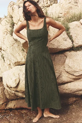 EMBROIDERED EYELET MIDI DRESS
