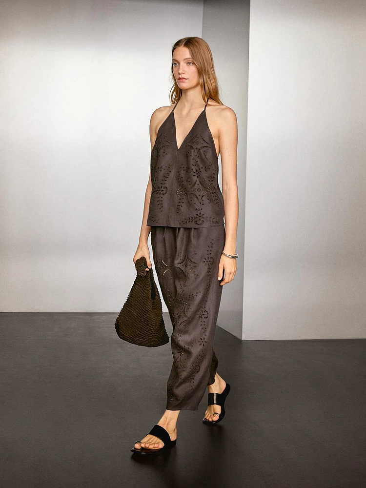 Linen blend embroidered balloon fit trousers