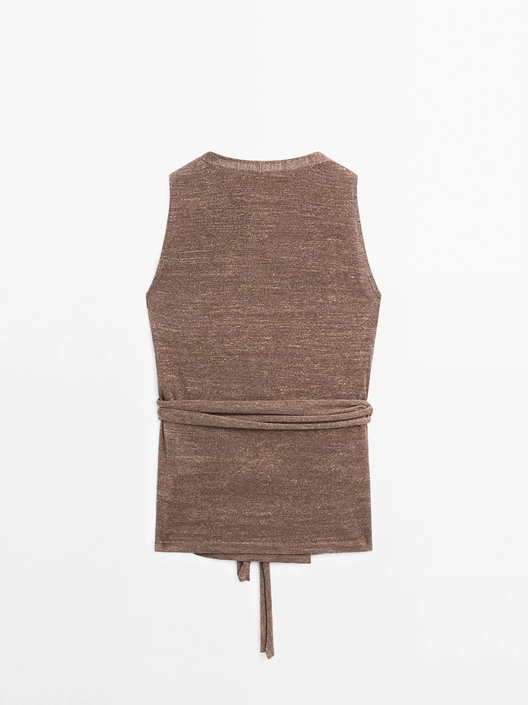 Linen blend knit crossover top