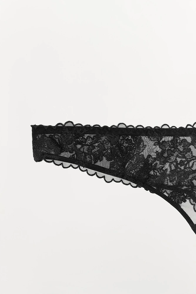 EMBROIDERED MESH THONG