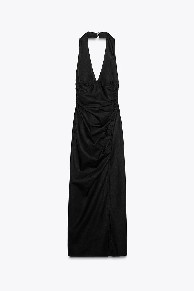 DRAPED LINEN MIDI DRESS