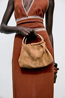 SPLIT LEATHER MINI BOWLING BAG WITH METAL HANDLE