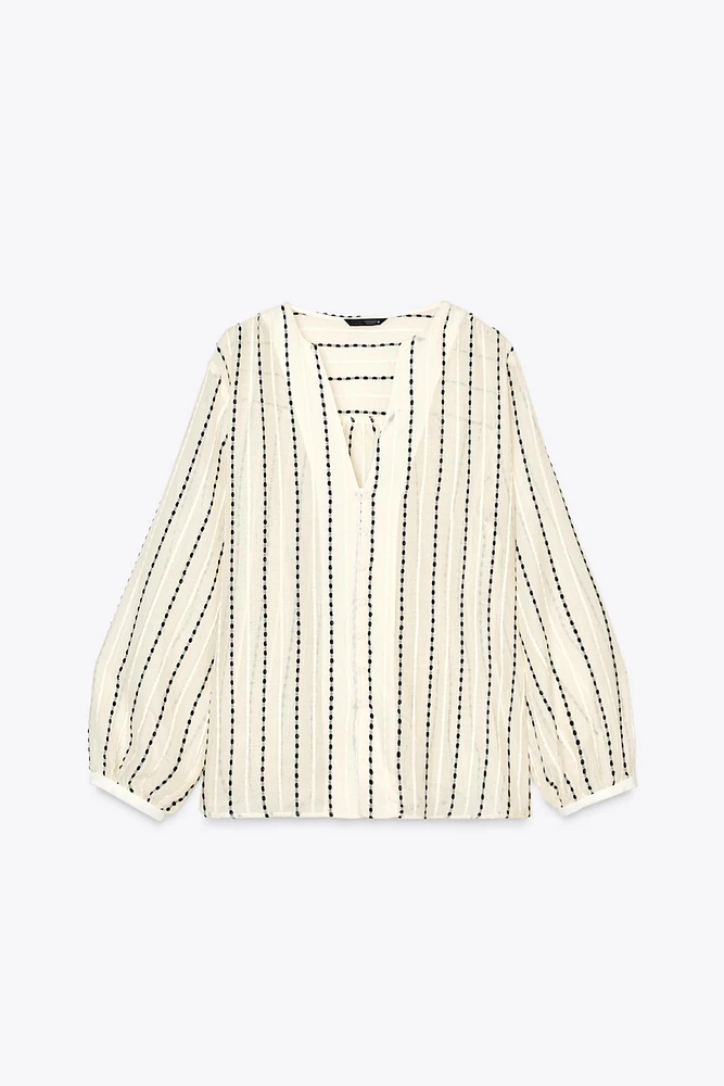 BLOUSE SEMI-TRANSPARENTE RAYURES BRODÉES