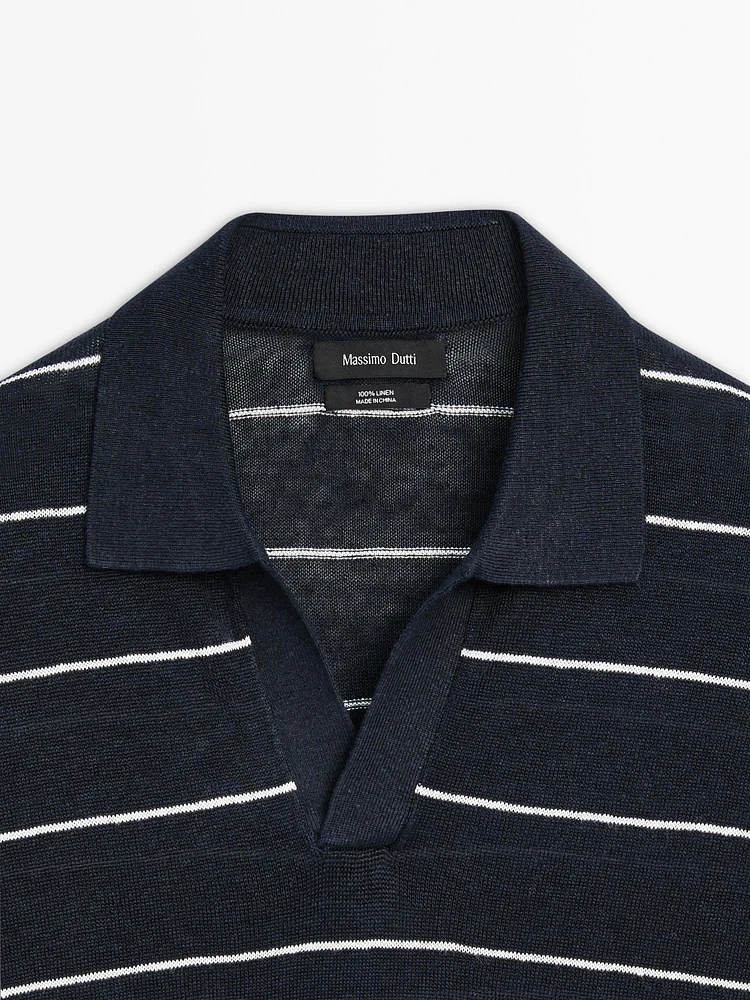 100% linen striped knit polo shirt