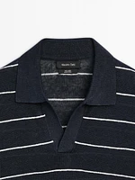100% linen striped knit polo shirt