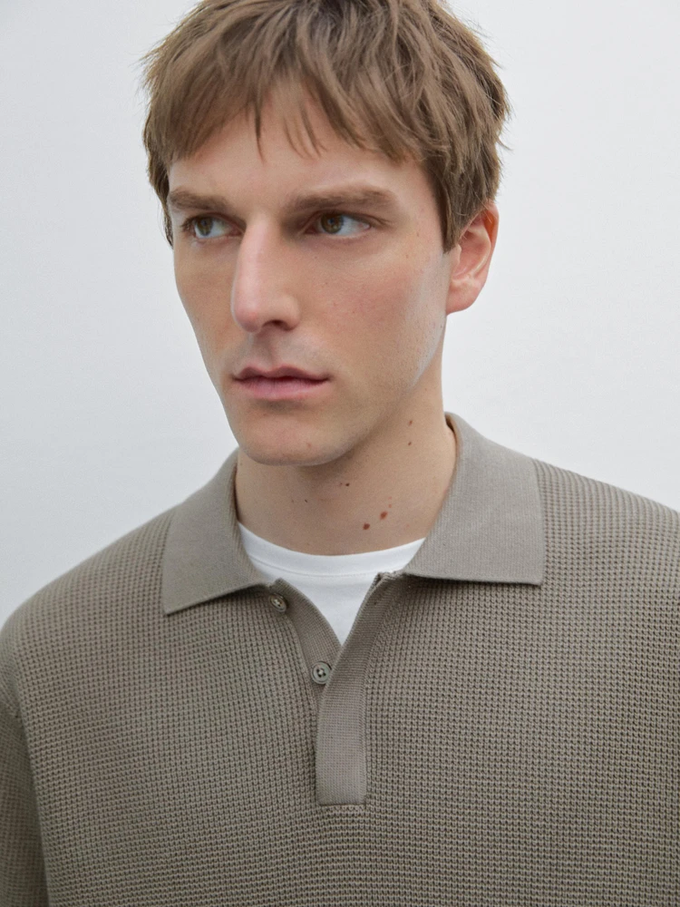 Textured cotton knit polo shirt