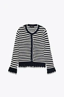 RUFFLED STRIPED KNIT CARDIGAN