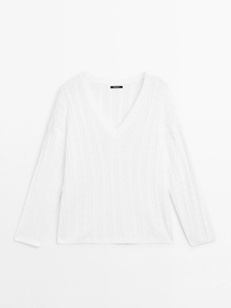 Pull coton en maille tressée ajourée