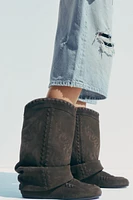 SPLIT LEATHER EMBROIDERED FLAT ANKLE BOOTS