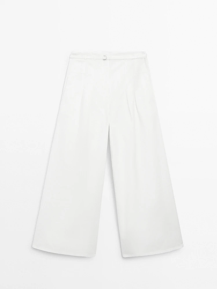 Pantalon palazzo en coton et lin mélangés