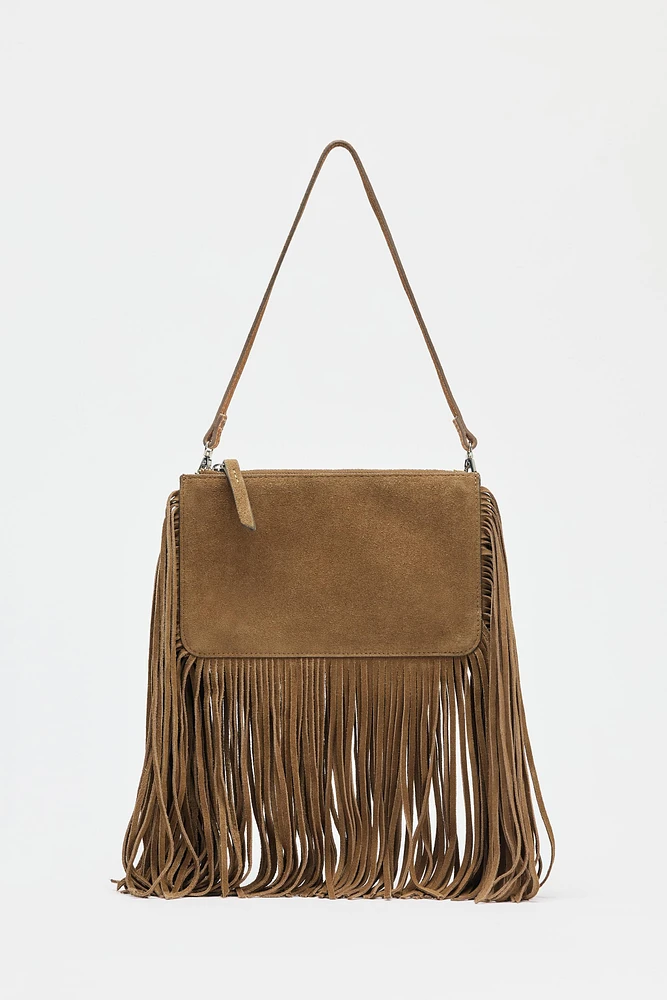 MINI SAC BANDOULIÈRE EN CROÛTE DE CUIR À FRANGES