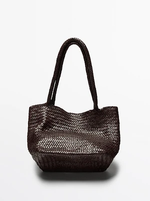 Tote bag grand format tressé en cuir nappa