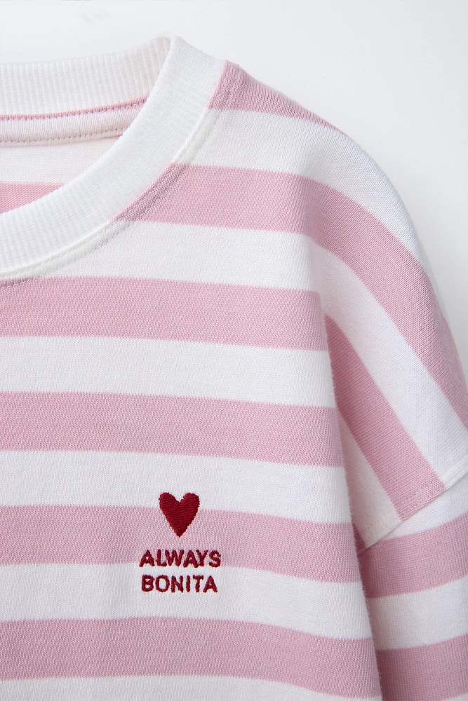 HEART EMBROIDERED STRIPED T-SHIRT