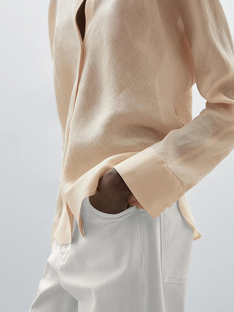 Flowing linen shirt with stand collar