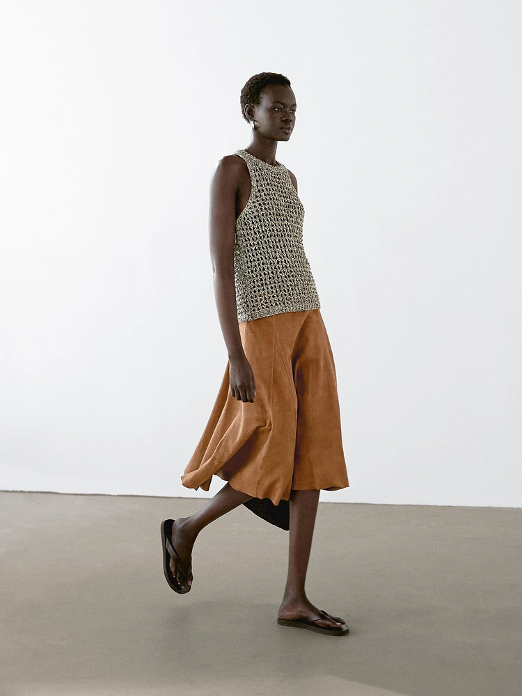 Jupe midi ample en cuir et daim