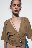 LINEN BLEND BLOUSE WITH RUFFLE SLEEVES