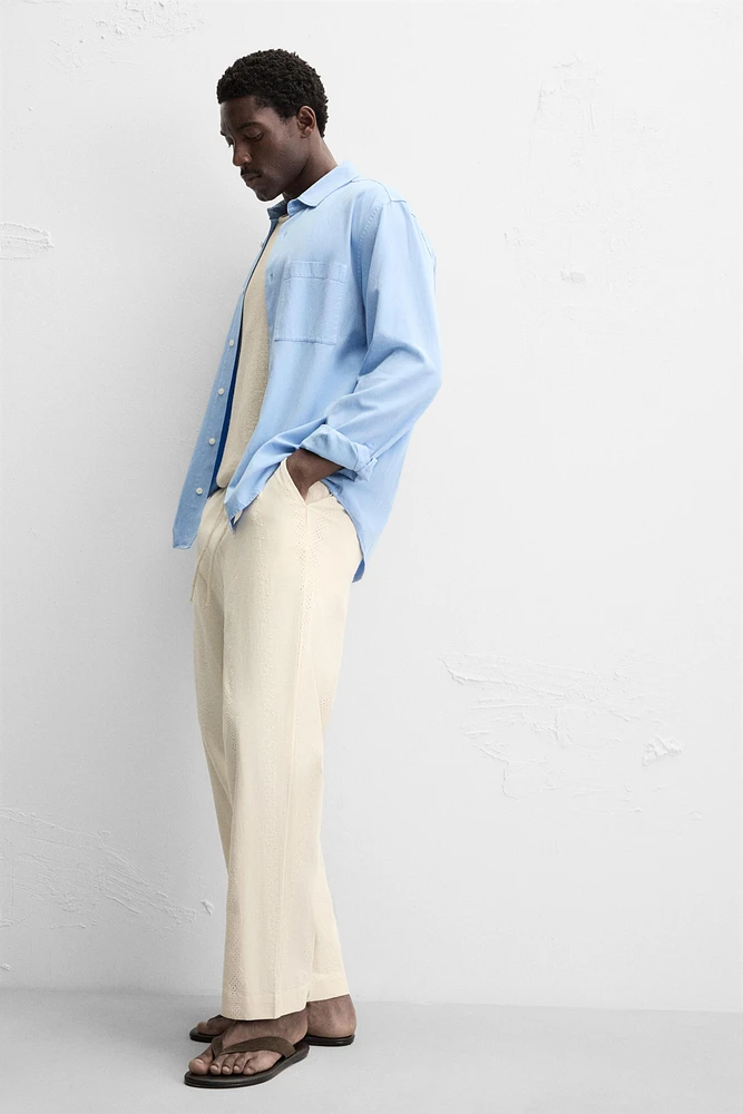 PANTALON COTON ET LIN BRODÉ PERFORÉ