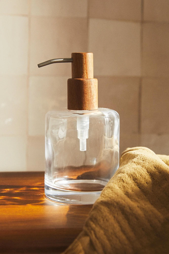 GLASS AND WOOD SOAP DISPENSER