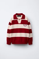 EMBROIDERED PATCH STRIPED KNIT POLO