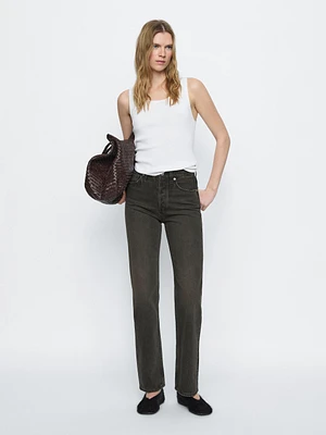 High-waist straight-leg cotton blend jeans