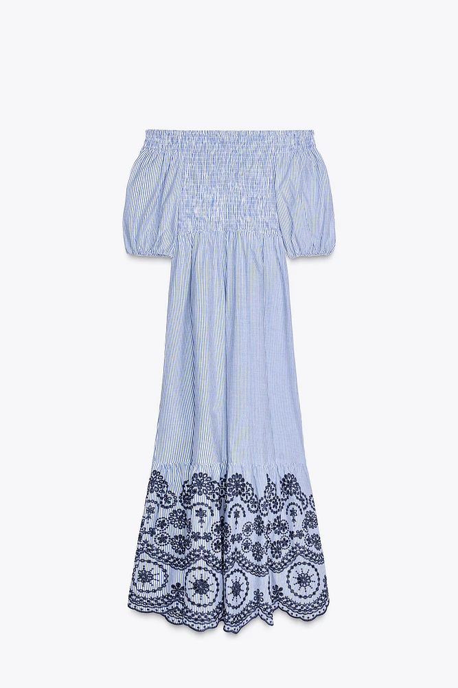 STRIPED EMBROIDERED MIDI DRESS