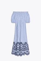 STRIPED EMBROIDERED MIDI DRESS