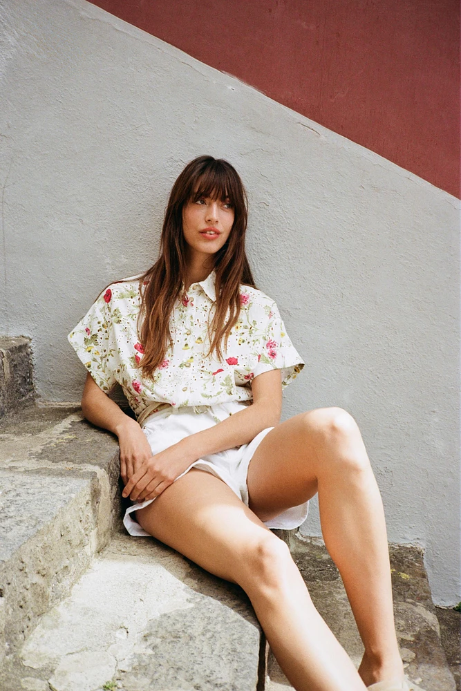 PRINTED SHIRT WITH EYELET EMBROIDERY