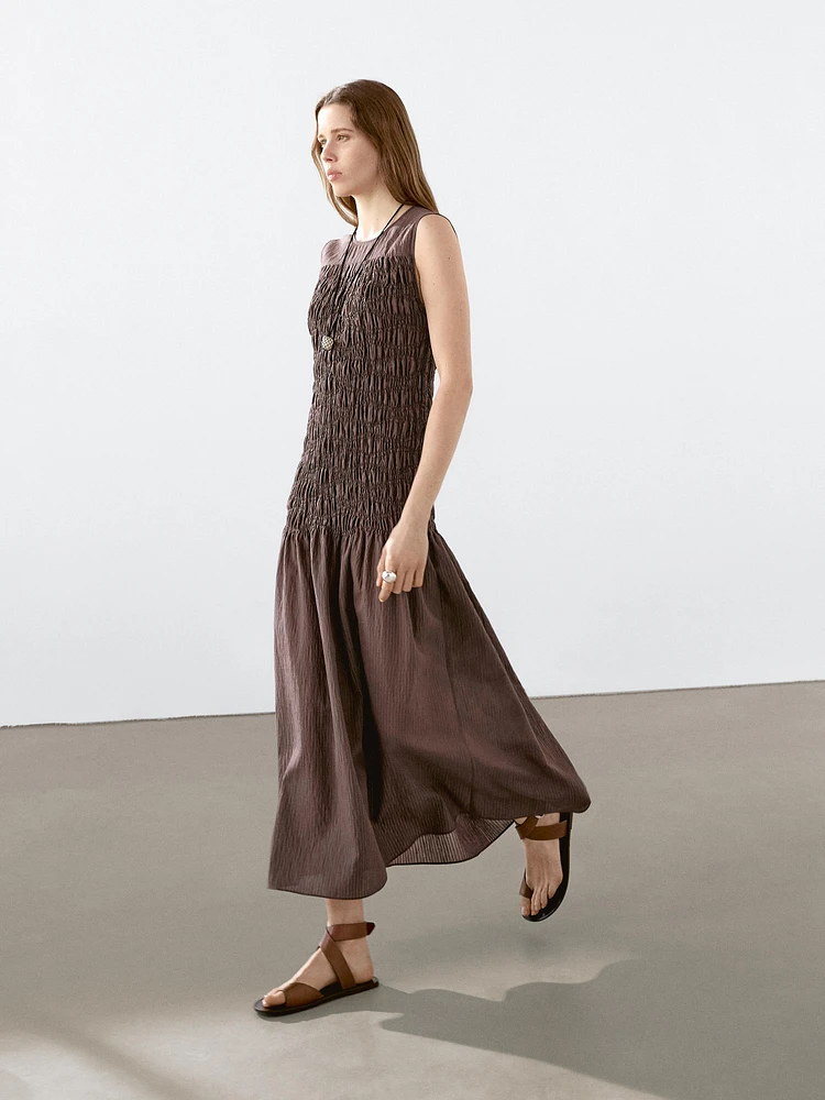 Long flounce dress with gathered detail