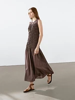 Long flounce dress with gathered detail