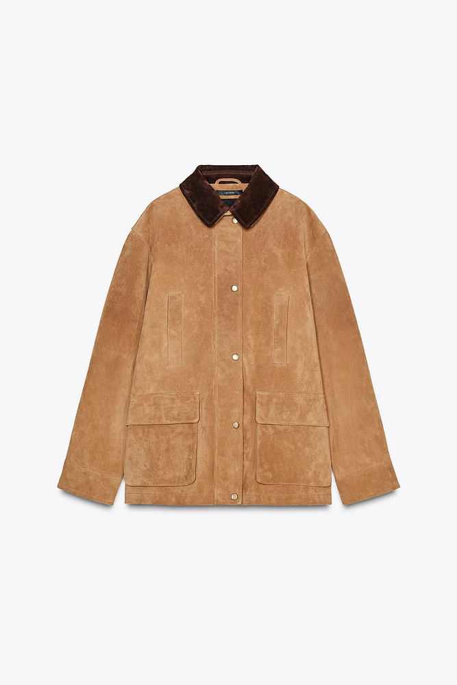 VESTE EN CUIR DAIM 100 % AVEC PLI