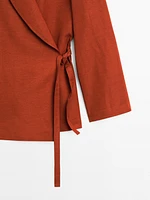 Flowing linen blend kimono with tuxedo-style collar