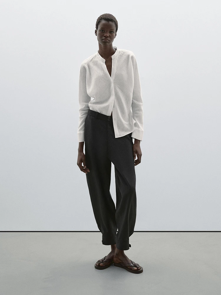 Flowing linen shirt with stand collar