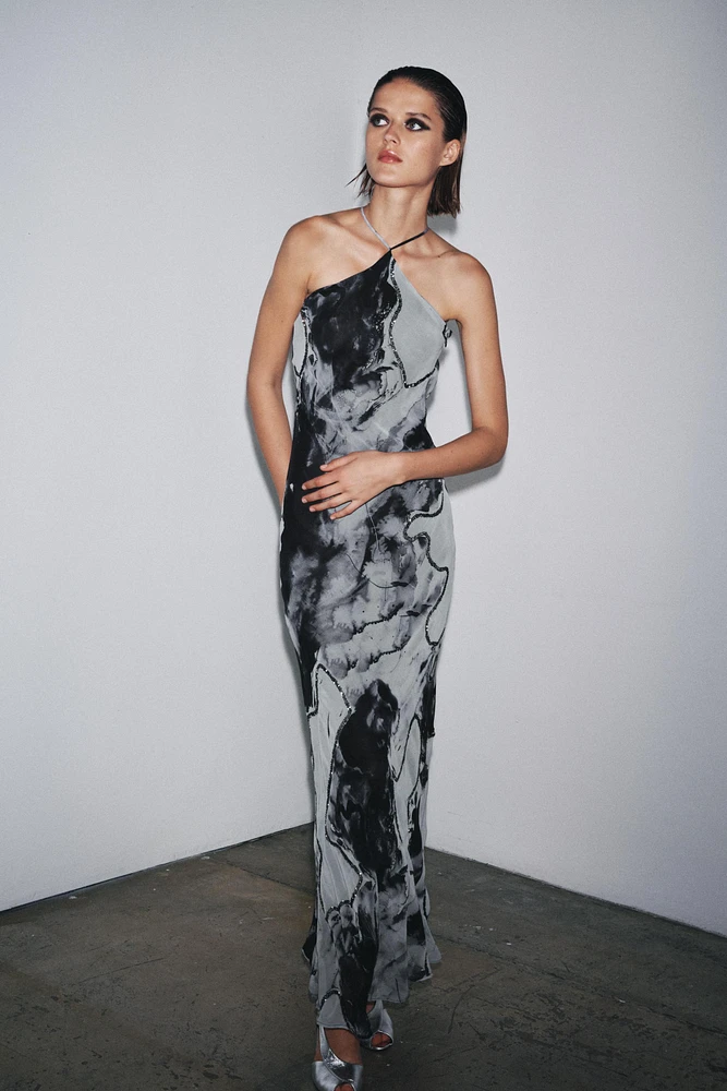 BEADED TIE-DYE HALTER DRESS