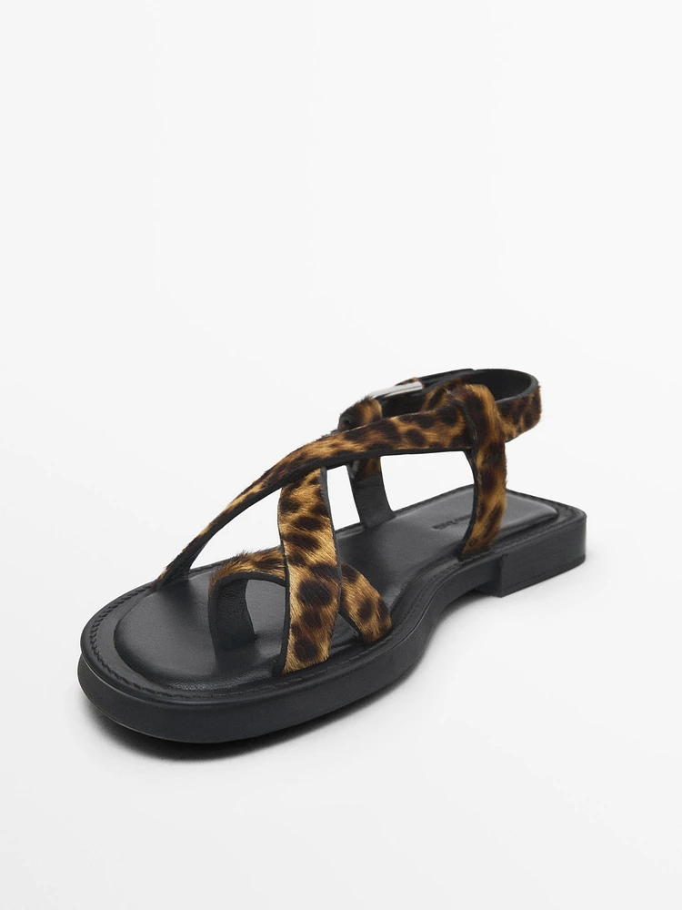 Animal print faux fur sandals