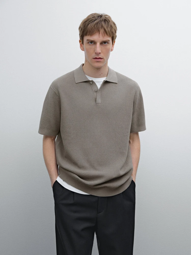 Textured cotton knit polo shirt