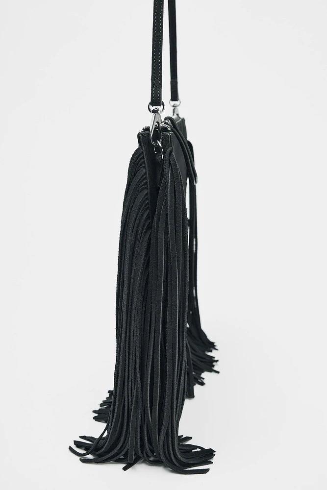 FRINGED SPLIT LEATHER MINI CROSSBODY BAG