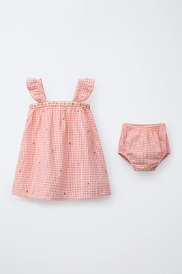 ROBE ET CULOTTE CARREAUX VICHY FLEURS BRODÉES