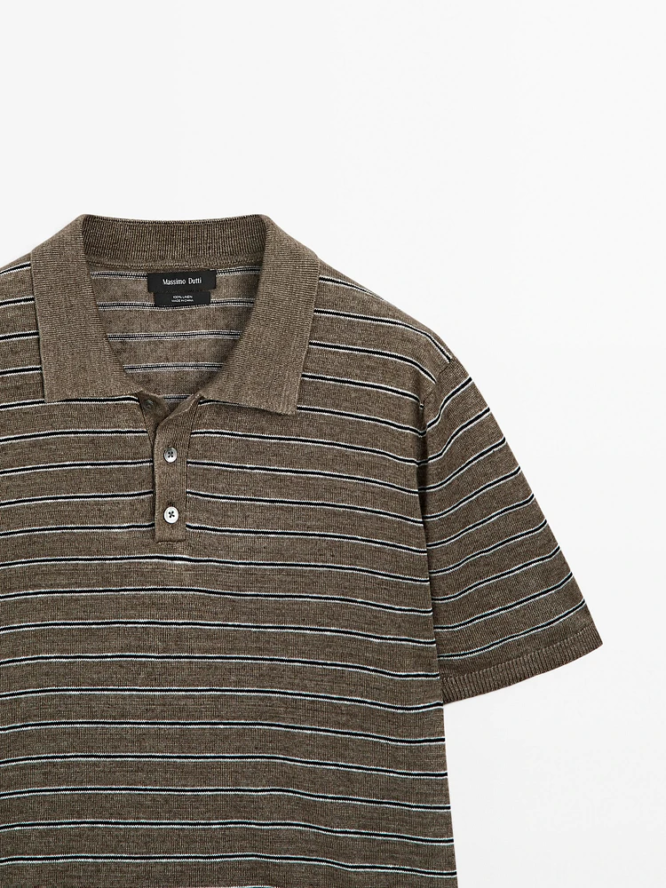 100% linen striped knit polo shirt