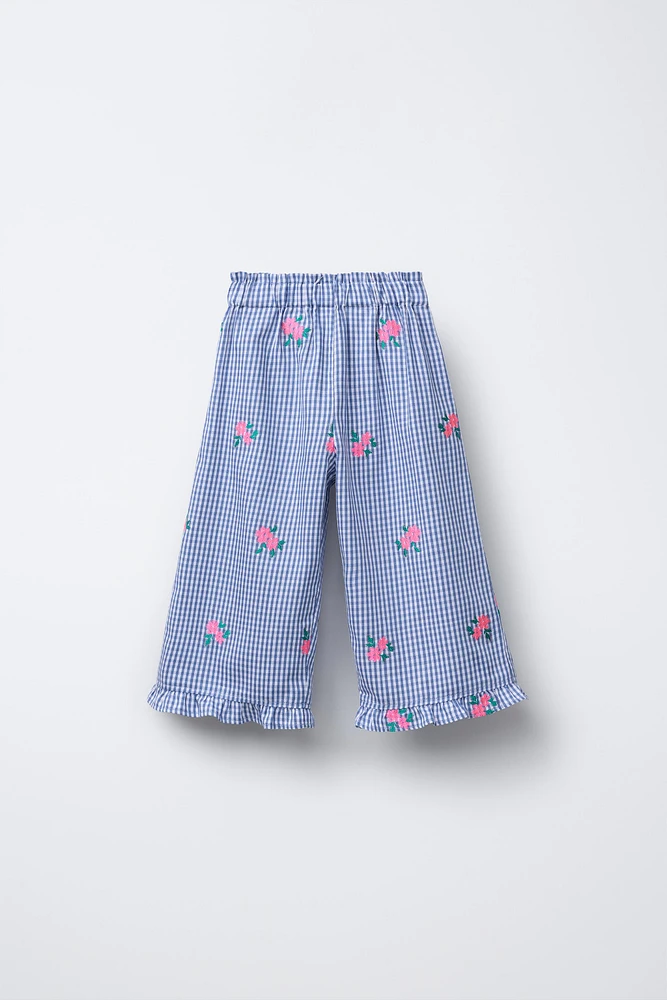 JUPE-CULOTTE À CARREAUX BRODÉE DE FLEURS