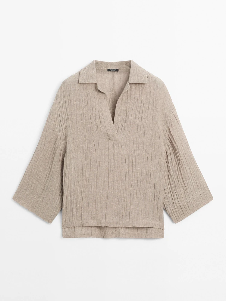 Blouse fluide col ouvert en lin mélangé