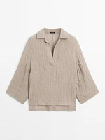 Blouse fluide col ouvert en lin mélangé